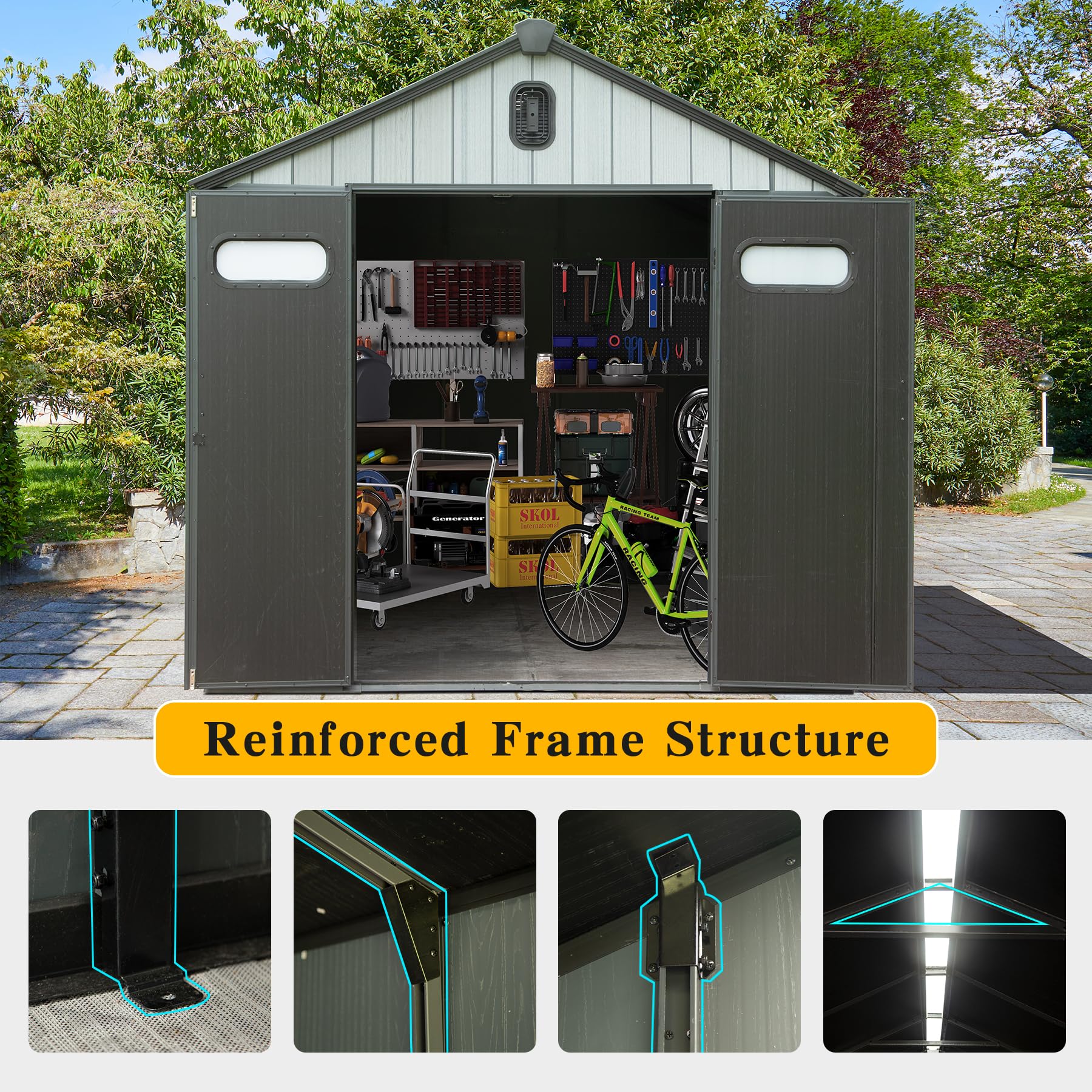 8x8FT Resin Outdoor Storage Shed with Lockable Door dark gray; doors open to reveal workshop on Tampa Home & Garden Store