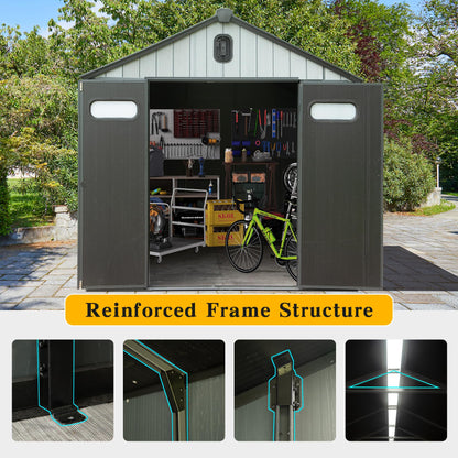 8x8FT Resin Outdoor Storage Shed with Lockable Door dark gray; doors open to reveal workshop on Tampa Home & Garden Store