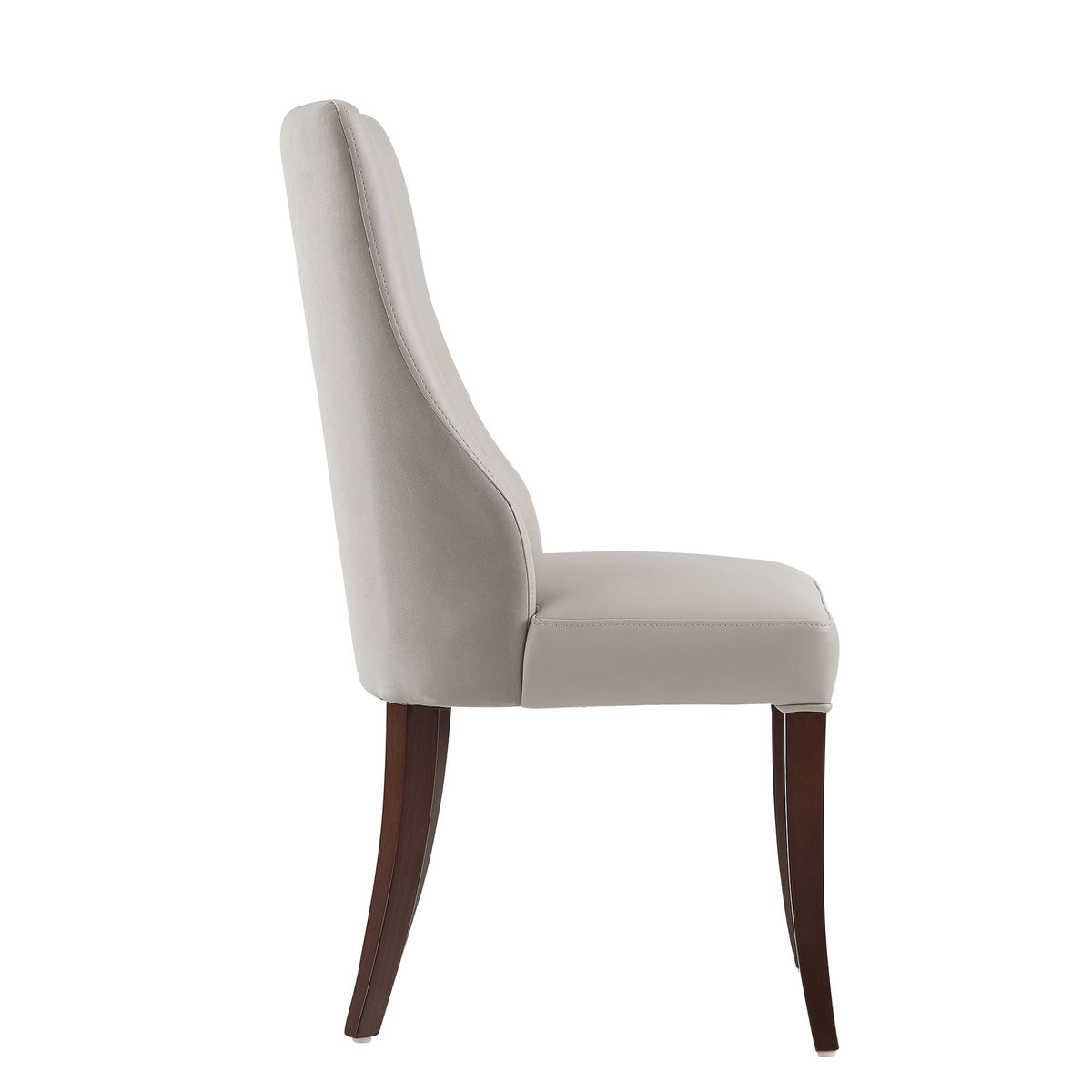 Modern dining chair with gray faux-leather upholstery and dark wood legs on Tampa Home & Garden Store