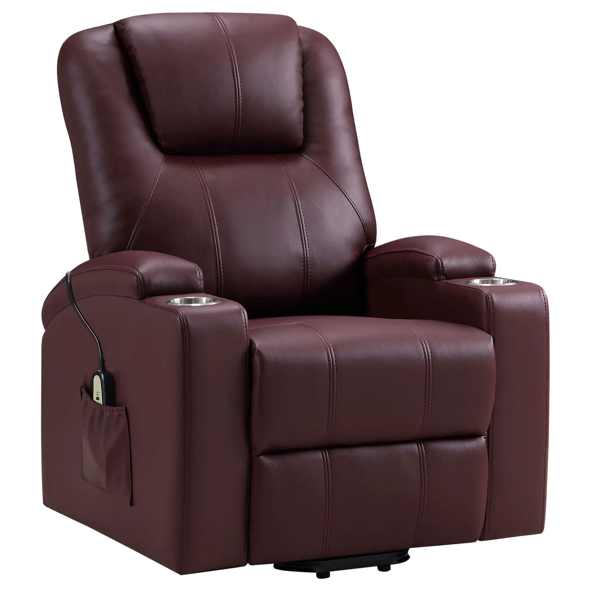 Macklin power lift massage recliner in burgundy leather with dual cupholders by Unique Piece on Tampa Home & Garden Store