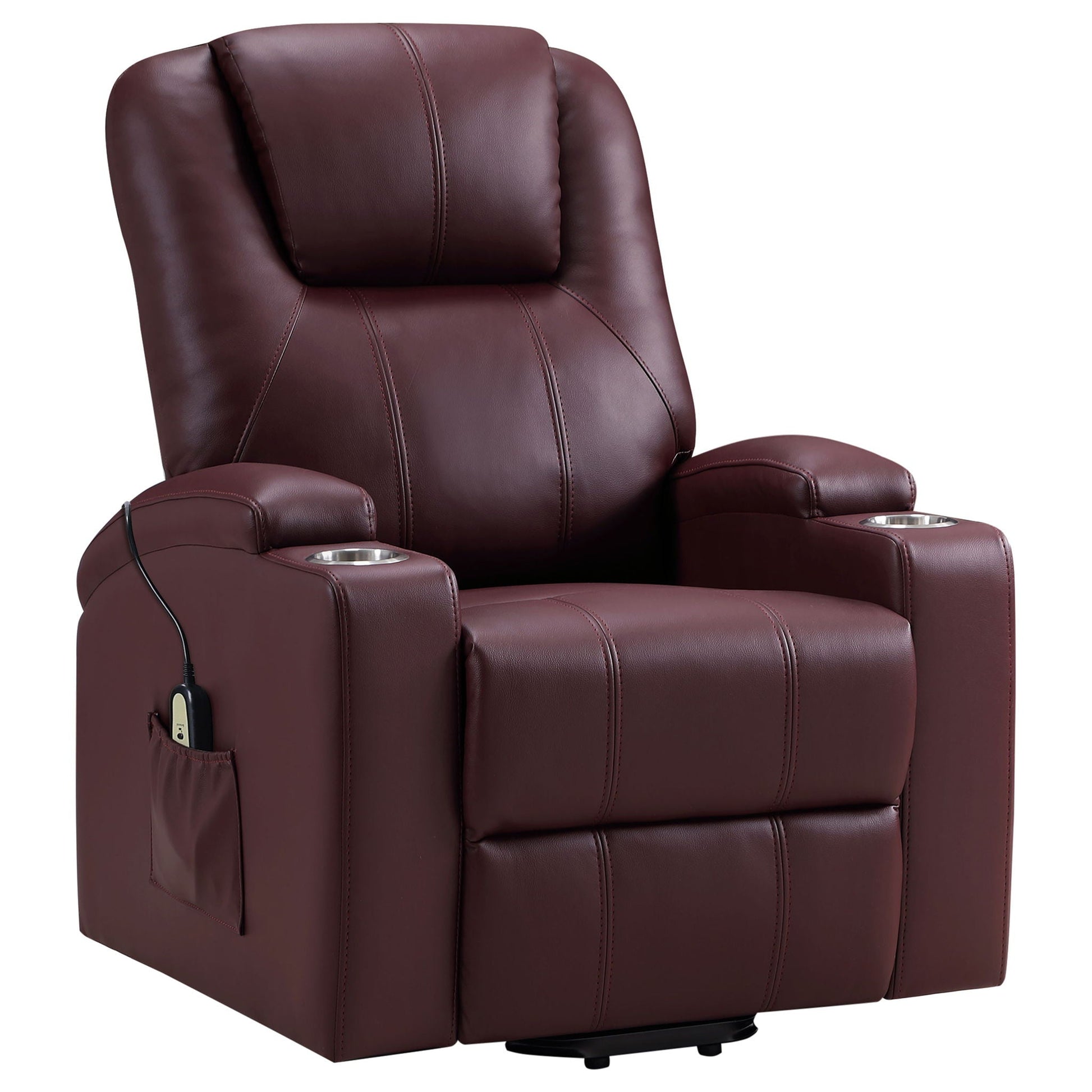 Macklin Power Lift Massage Recliner with Heat burgundy leather dual cupholders on Tampa Home & Garden Store