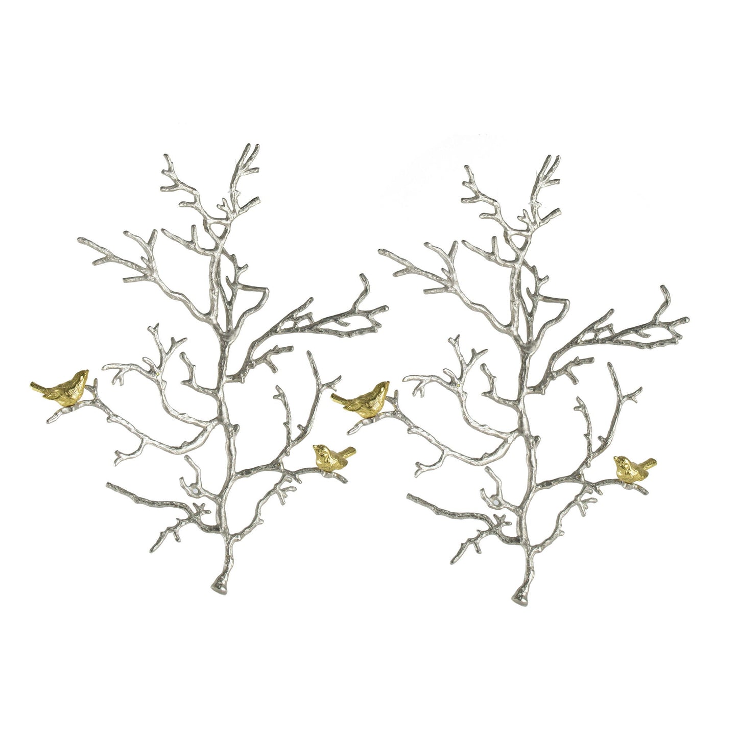 Metal branch wall sculptures with bird accents, silver multi finish, set of 2 on Tampa Home & Garden Store