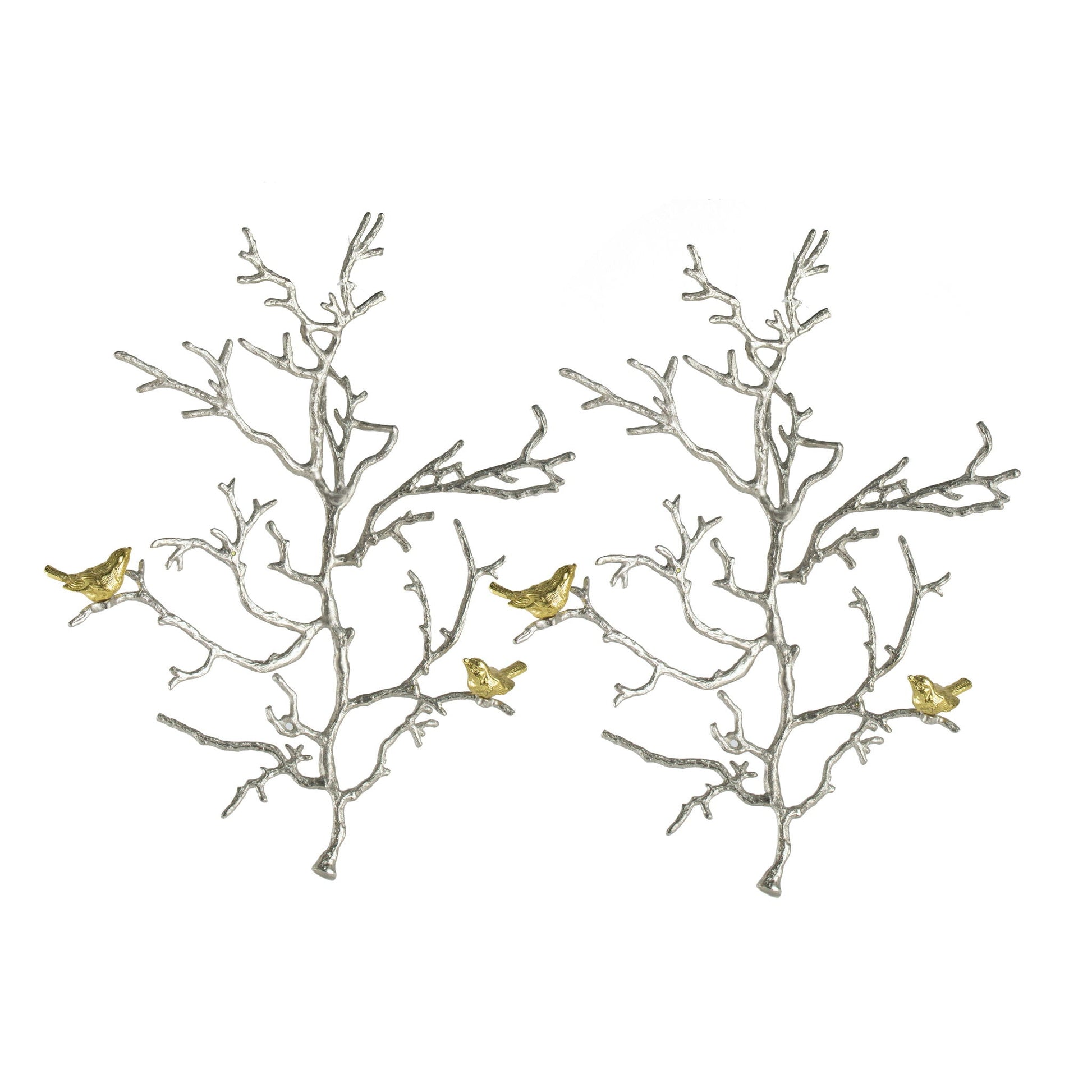 Metal branch wall sculptures with bird accents, silver multi finish, set of 2 on Tampa Home & Garden Store