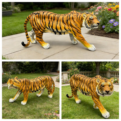 Simulated tiger resin garden statue HouseOfZazla orange striped tiger walking on patio on Tampa Home & Garden Store
Simulated tiger resin garden statue HouseOfZazla orange striped tiger side view on lawn on Tampa Home & Garden Store
Simulated tiger resin garden statue HouseOfZazla front view with white muzzle and bold stripes on Tampa Home & Garden Store
