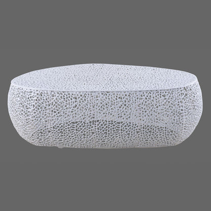 Oval coffee table in pearl white with a porous, lace-like lattice frame and top on Tampa Home & Garden Store