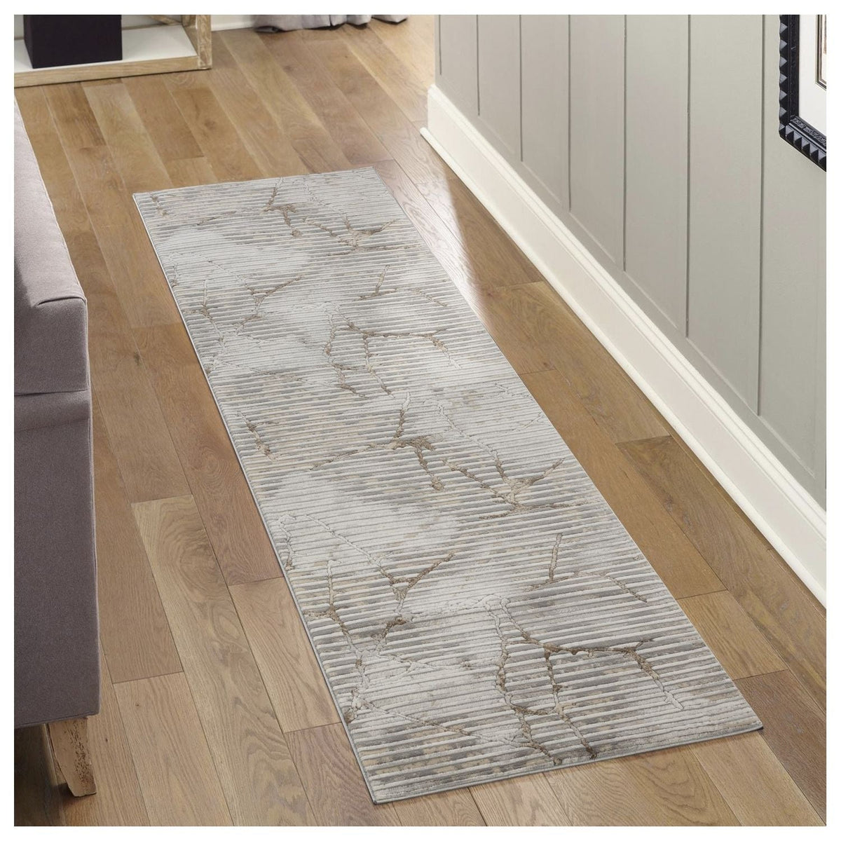 Gray geometric area rug runner by HouseOfZazla with soft pile in hallway on Tampa Home & Garden Store