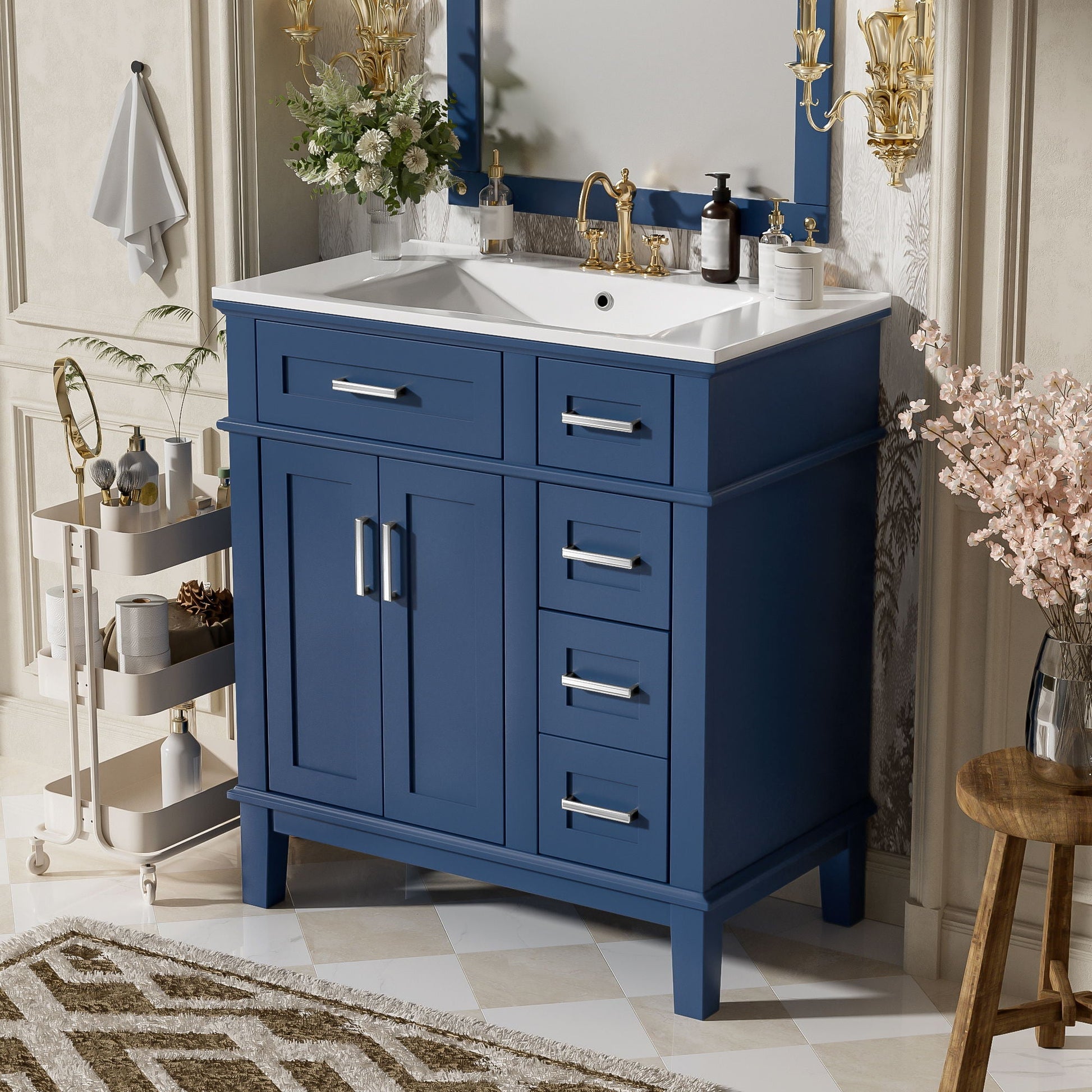 Modern blue bathroom vanity with sink by HouseOfZazla, gold fixtures and spacious drawers on Tampa Home & Garden Store