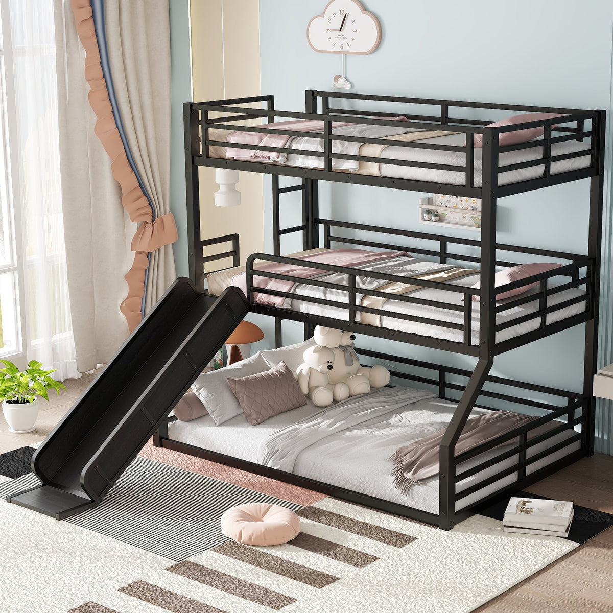 Twin Over Twin Over Full bunk bed with slide, black metal frame, HouseOfZazla on Tampa Home & Garden Store