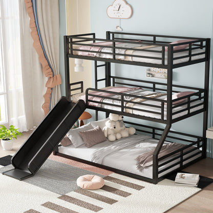 Twin Over Twin Over Full bunk bed with slide, black metal frame, HouseOfZazla on Tampa Home & Garden Store