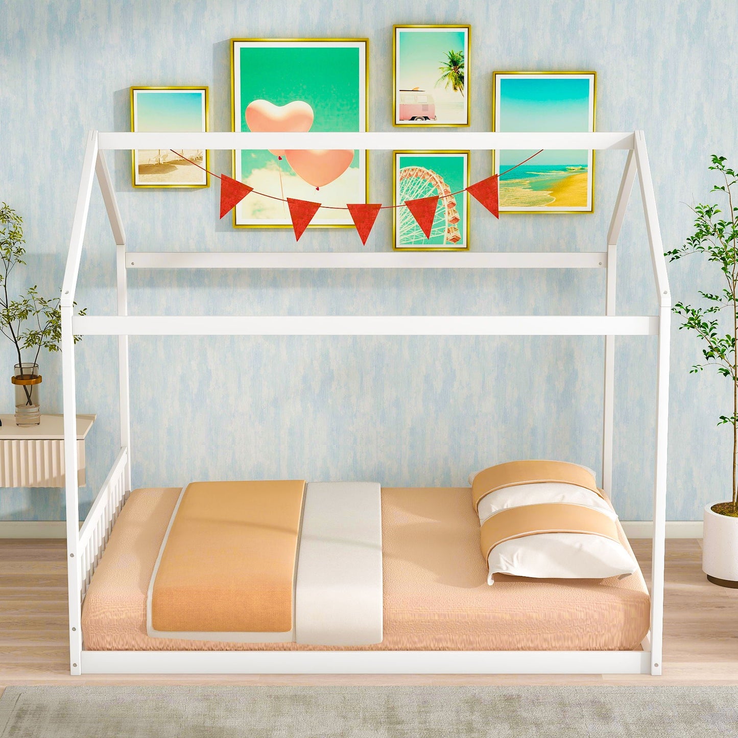 Wooden House Bed With Headboard white canopy bed in white with tan bedding by HouseOfZazla on Tampa Home & Garden Store