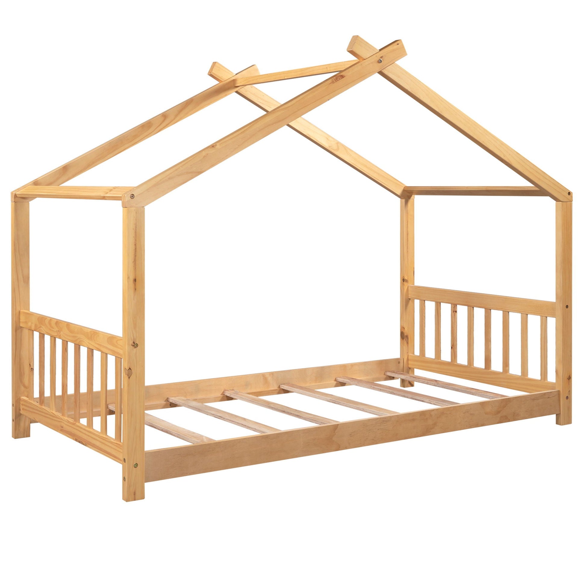 House Platform Bed With Headboard And Footboard, Roof Design in natural pine wood on Tampa Home & Garden Store