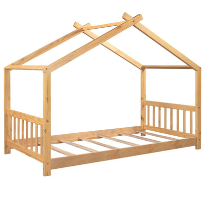 House Platform Bed With Headboard And Footboard, Roof Design in natural pine wood on Tampa Home & Garden Store