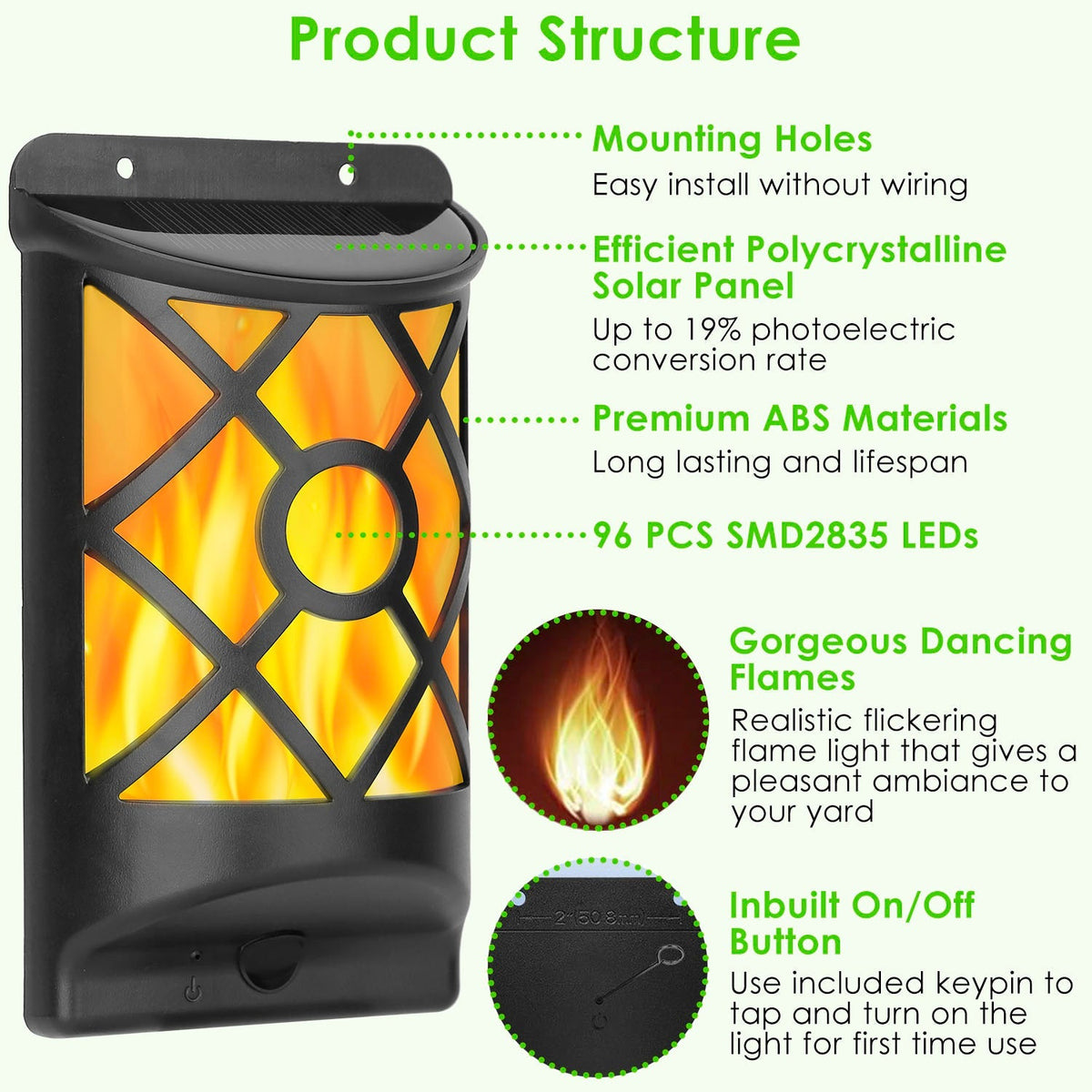 Flame Solar Light outdoor wall lantern with 96 LEDs, black frame and orange flame glow on Tampa Home & Garden Store