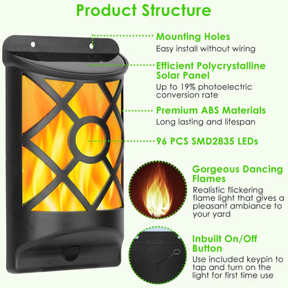 Flame Solar Light outdoor wall lantern with 96 LEDs, black frame and orange flame glow on Tampa Home & Garden Store