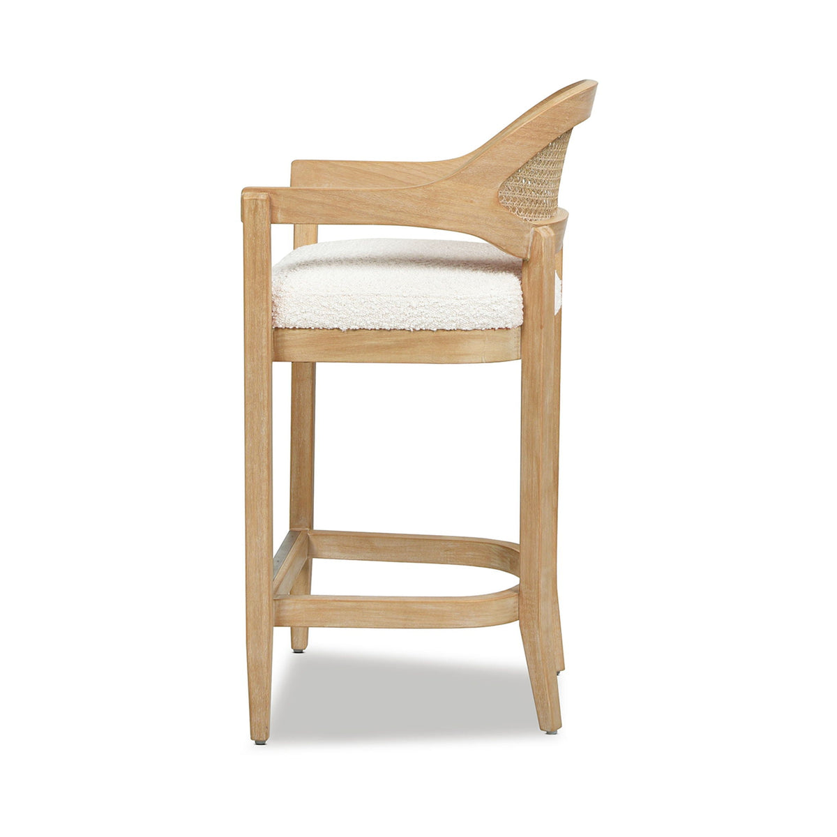 Mid-Century Modern cane-back counter stool with beige cushion and natural wood frame on Tampa Home & Garden Store