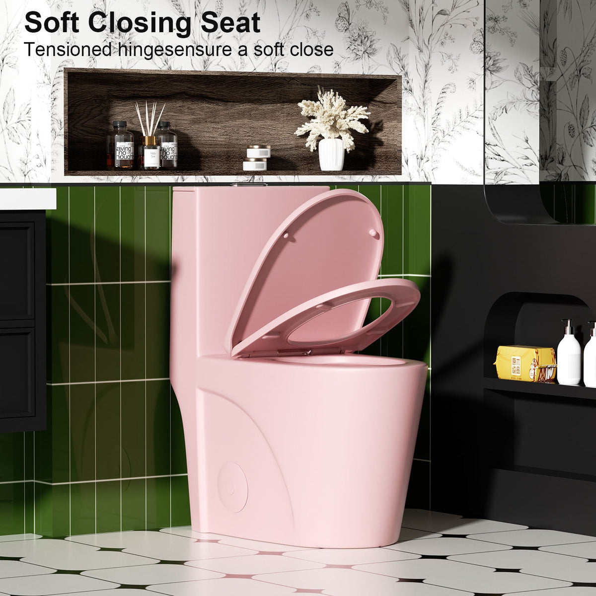 Pink porcelain one-piece toilet with open seat in a green-tiled bathroom on Tampa Home & Garden Store