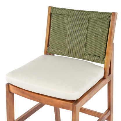 Outdoor Acacia Wood Bar Stools set of 2 with green woven back and beige cushions HouseOfZazla on Tampa Home & Garden Store