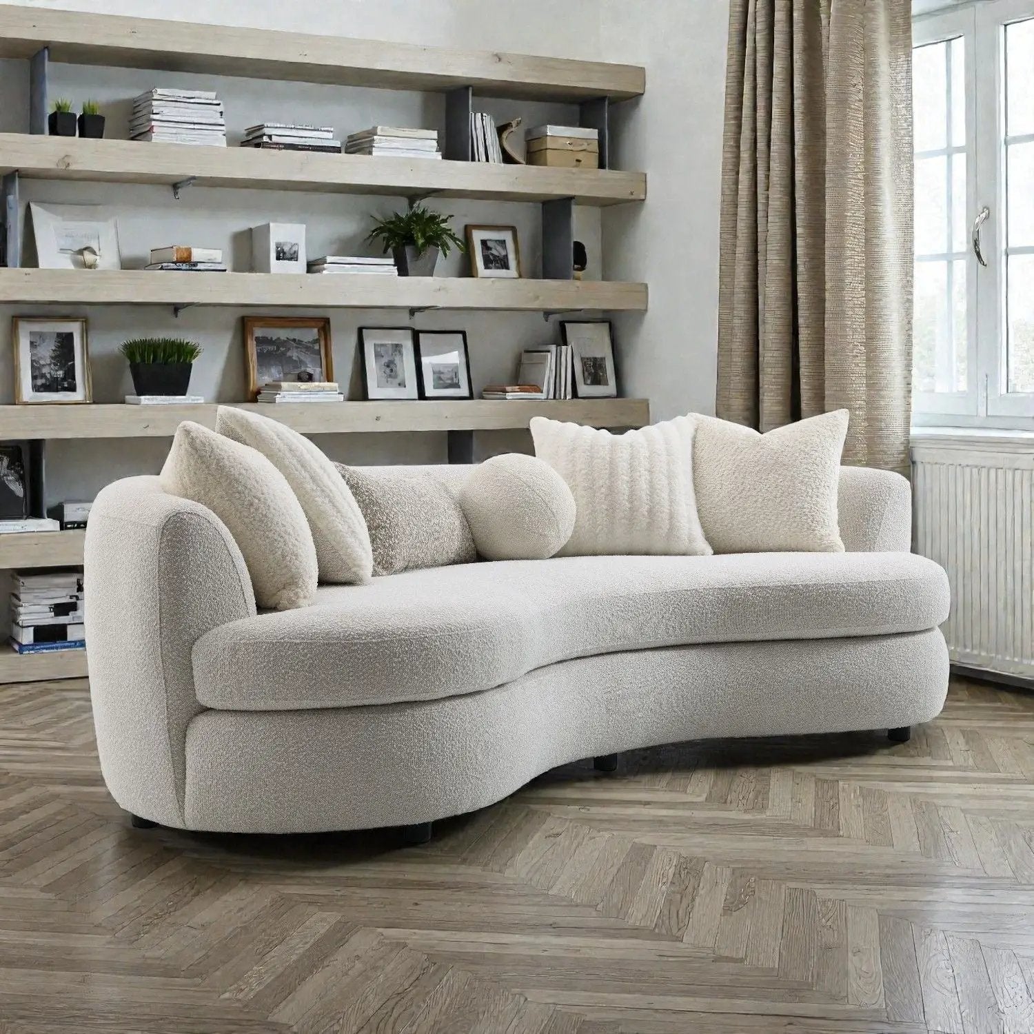 Iniko Boucle Sofa with Toss Pillows beige textured boucle curved stationary sofa on Tampa Home & Garden Store