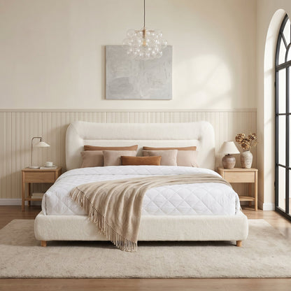 Minimalist Curved Teddy Bear Plush Bed - King by HouseOfZazla, beige upholstered bed on Tampa Home & Garden Store