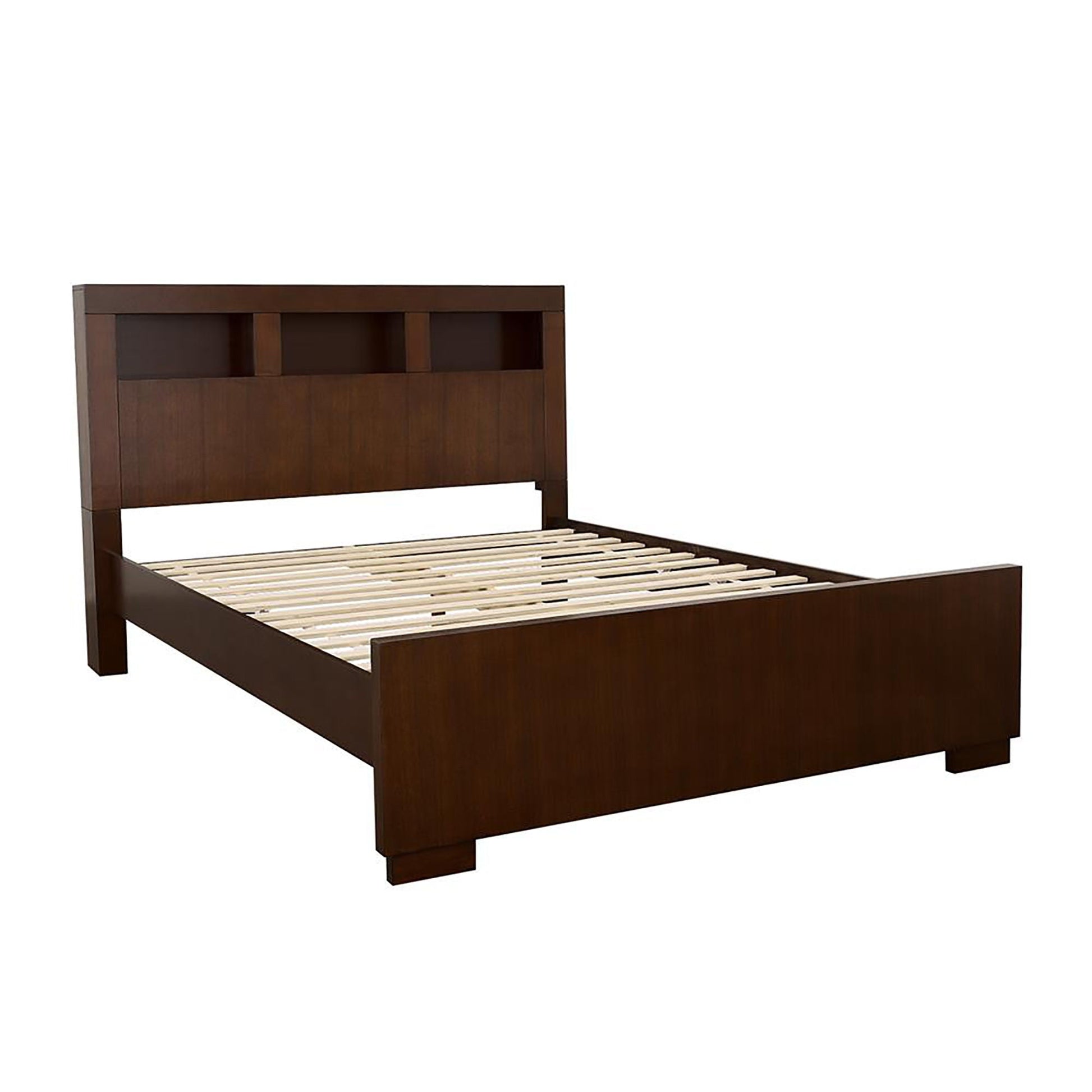Queen bed with bookcase headboard in brown wood, built-in storage cubbies and slatted bed base on Tampa Home & Garden Store