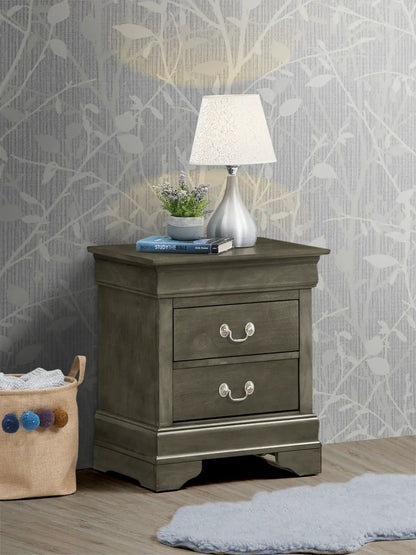 Traditional style nightstand with three drawers in a graywashed finish and silver hardware on Tampa Home & Garden Store