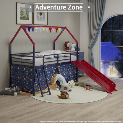 HouseOfZazla Jack loft bed with slide and curtain set; red slide, blue frame, space panels on Tampa Home & Garden Store