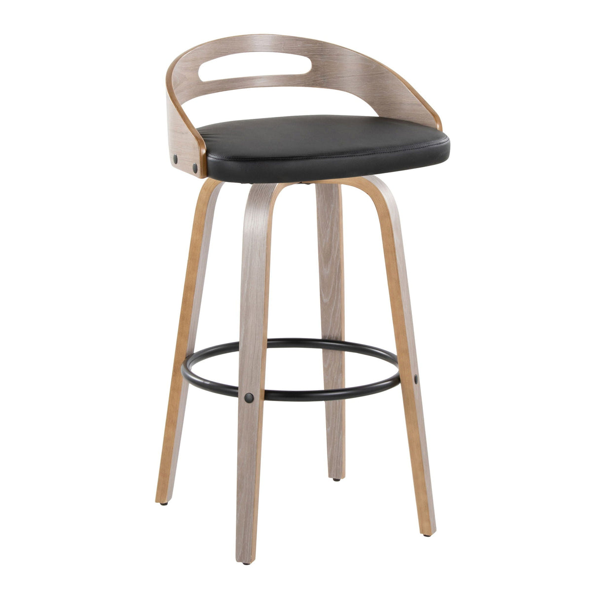 Mid Century Modern barstool set with swivel, black cushioned seat and natural wood frame on Tampa Home & Garden Store