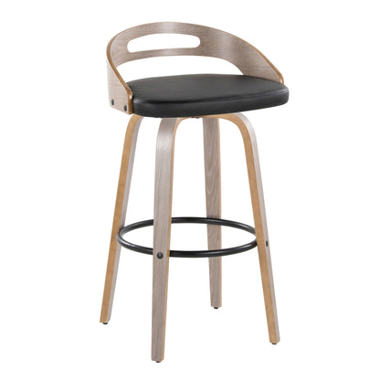 Mid Century Modern barstool set with swivel, black cushioned seat and natural wood frame on Tampa Home & Garden Store