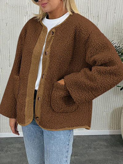 Stevvex brown sherpa jacket with contrast button front and roomy pockets on Tampa Home & Garden Store