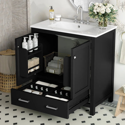 Bathroom vanity with single undermount sink, black cabinet, two doors and a drawer on Tampa Home & Garden Store