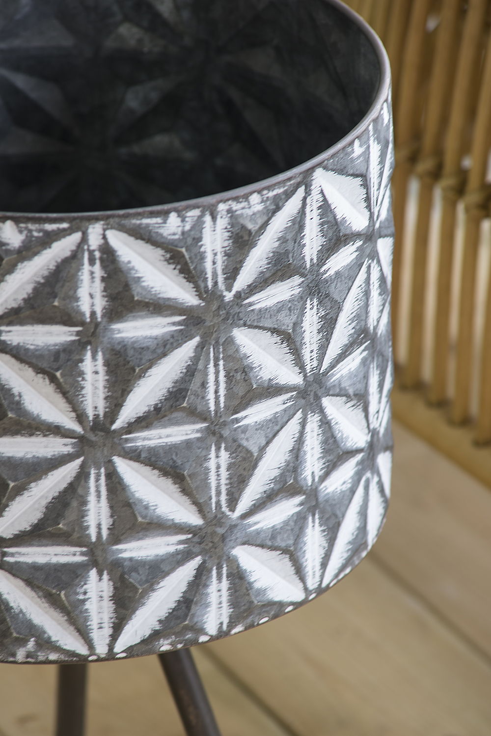 Metal planter stand with round galvanized farmhouse planter set of 2 in gray geometric pattern on Tampa Home & Garden Store