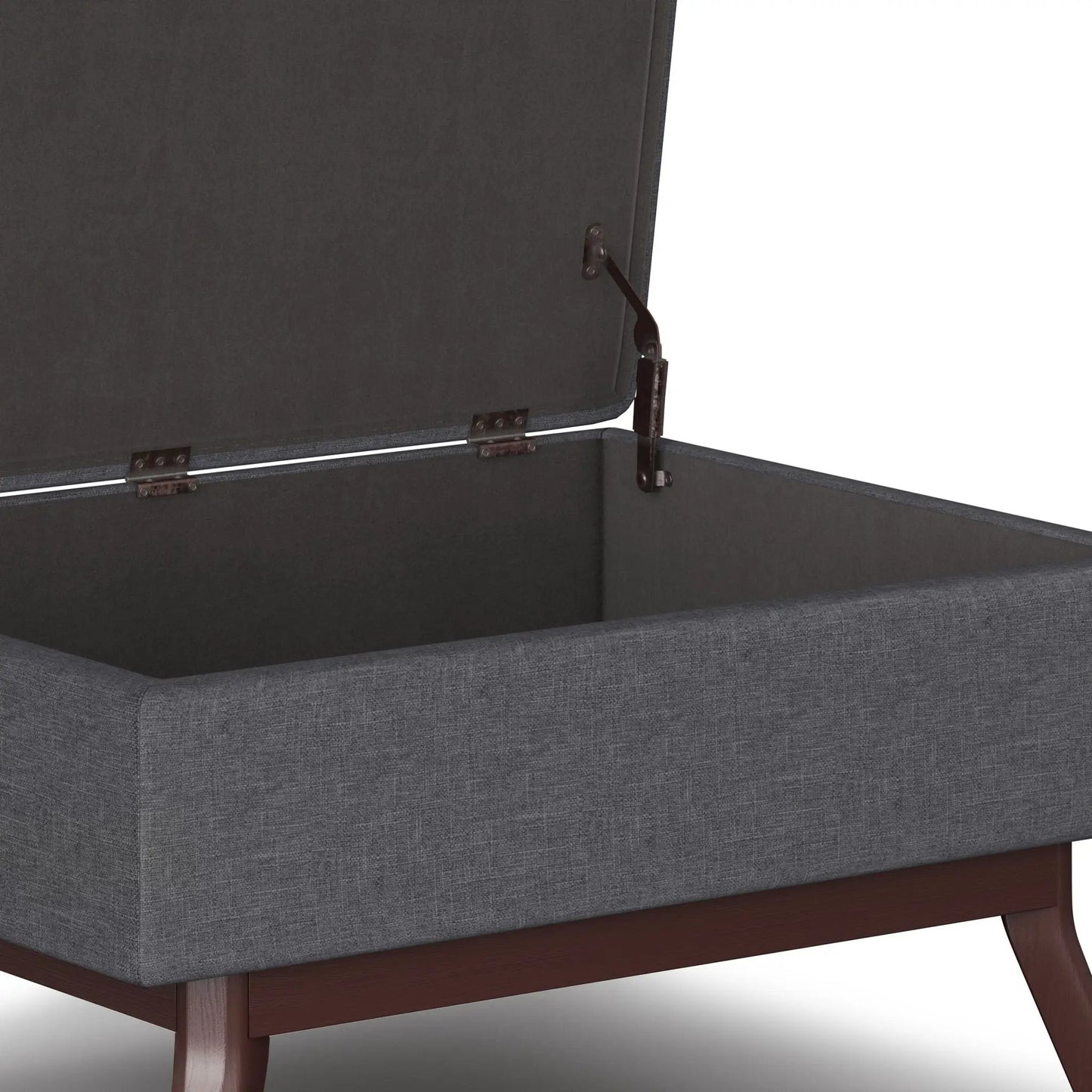 Owen Upholstered Storage Ottoman charcoal fabric with hinged lid and wooden legs on Tampa Home & Garden Store