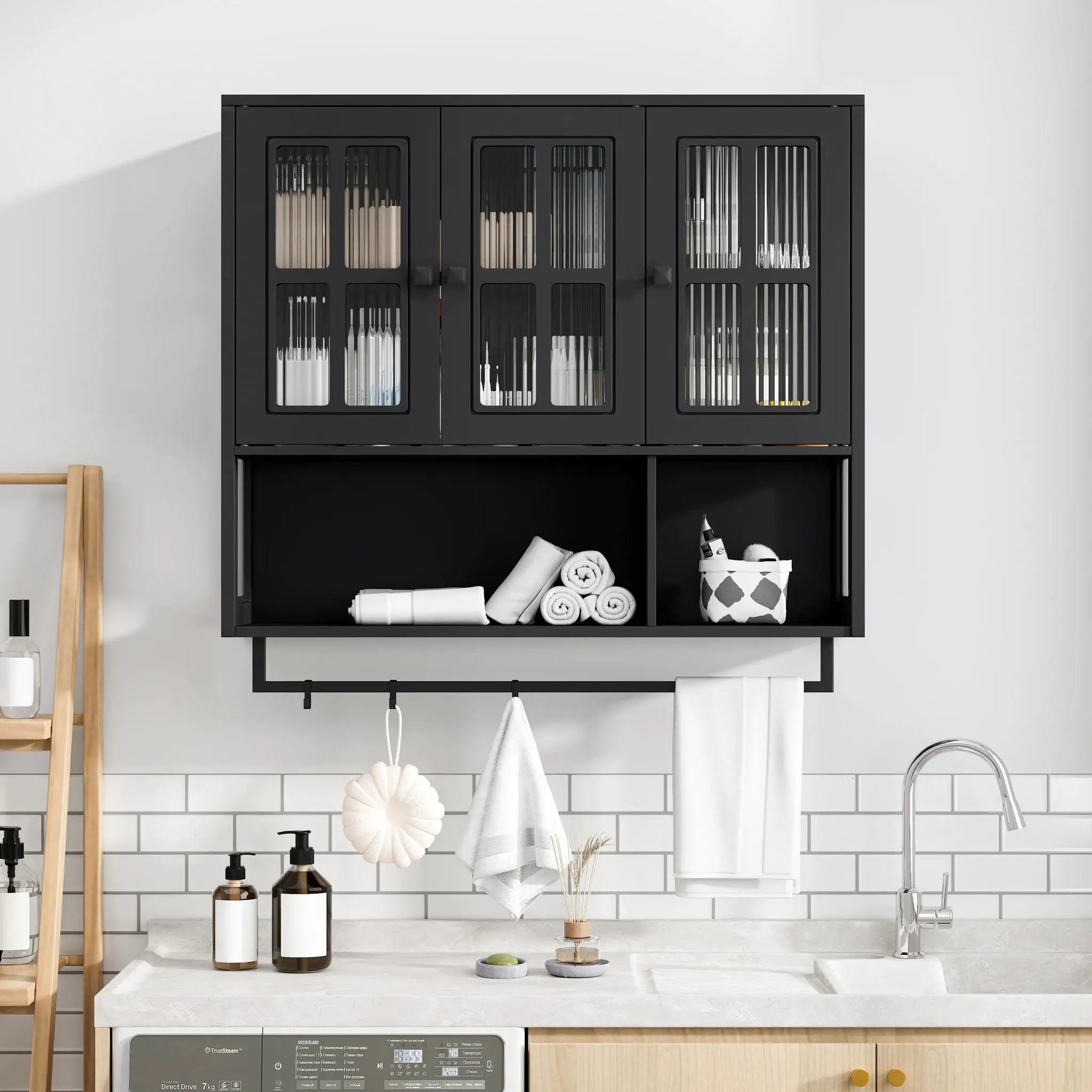 3 Door Wall Cabinet With Glass Doors And Towel Bar display cabinet Unique Piece Furniture on Tampa Home & Garden Store