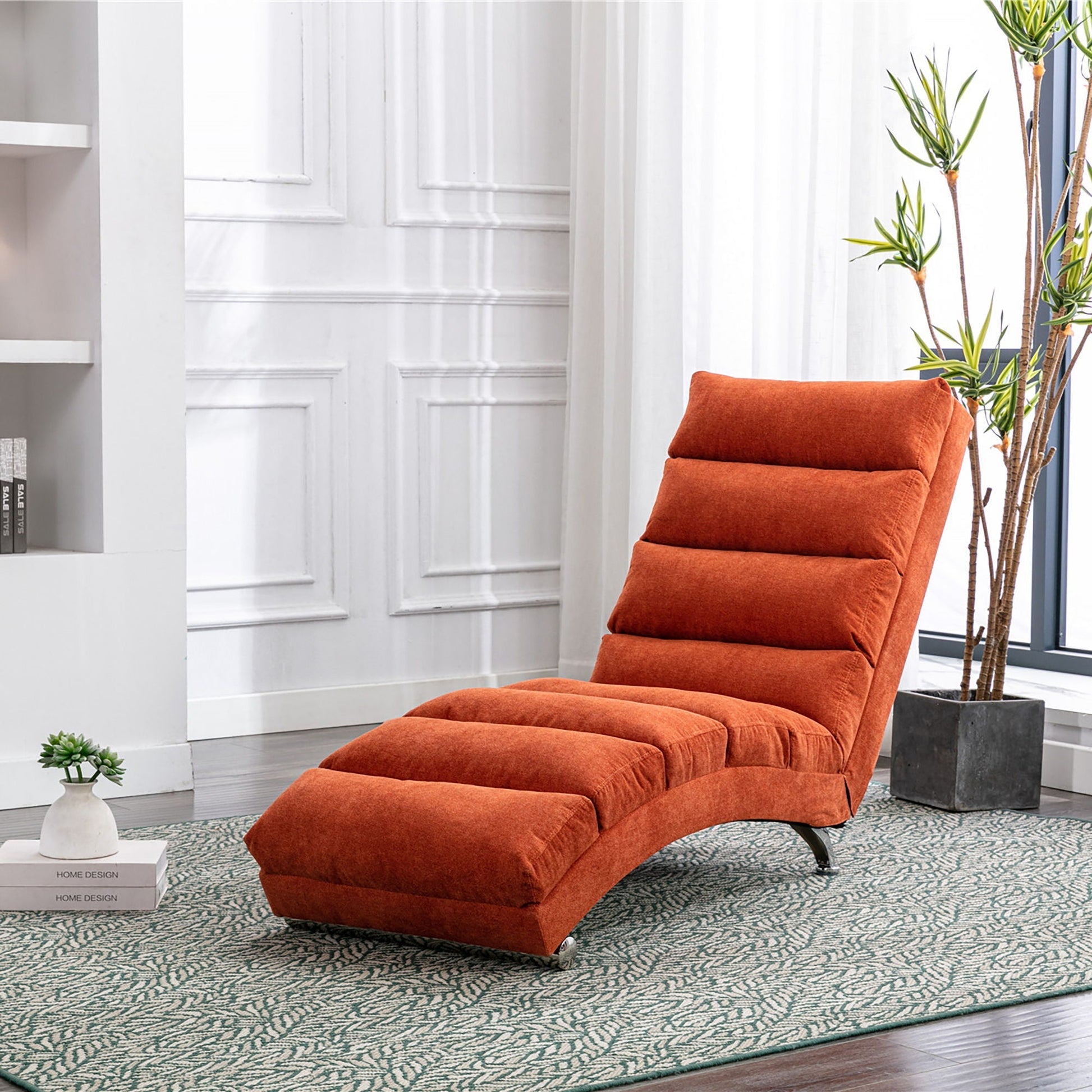 Massage Chaise Lounge orange fabric with remote control in white paneled living room on Tampa Home & Garden Store