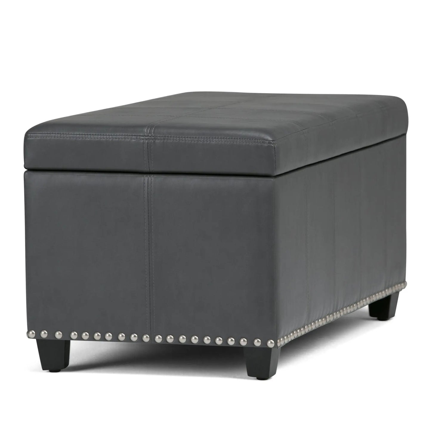 Amelia storage ottoman bench in gray faux leather with stitched top panels and studded base on Tampa Home & Garden Store