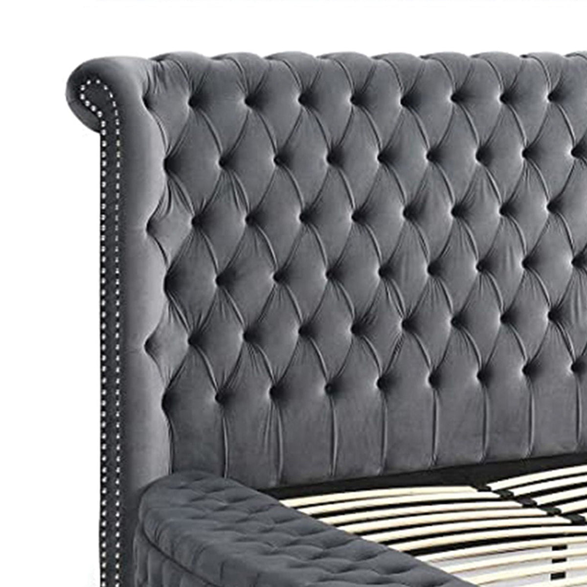 Hazel storage bed with gray tufted upholstery and nailhead trim by HouseOfZazla on Tampa Home & Garden Store