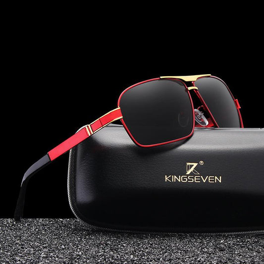 Stevvex men sunglasses with red metal frame, gold-tone accents, polarized lenses KINGSEVEN case on Tampa Home & Garden Store