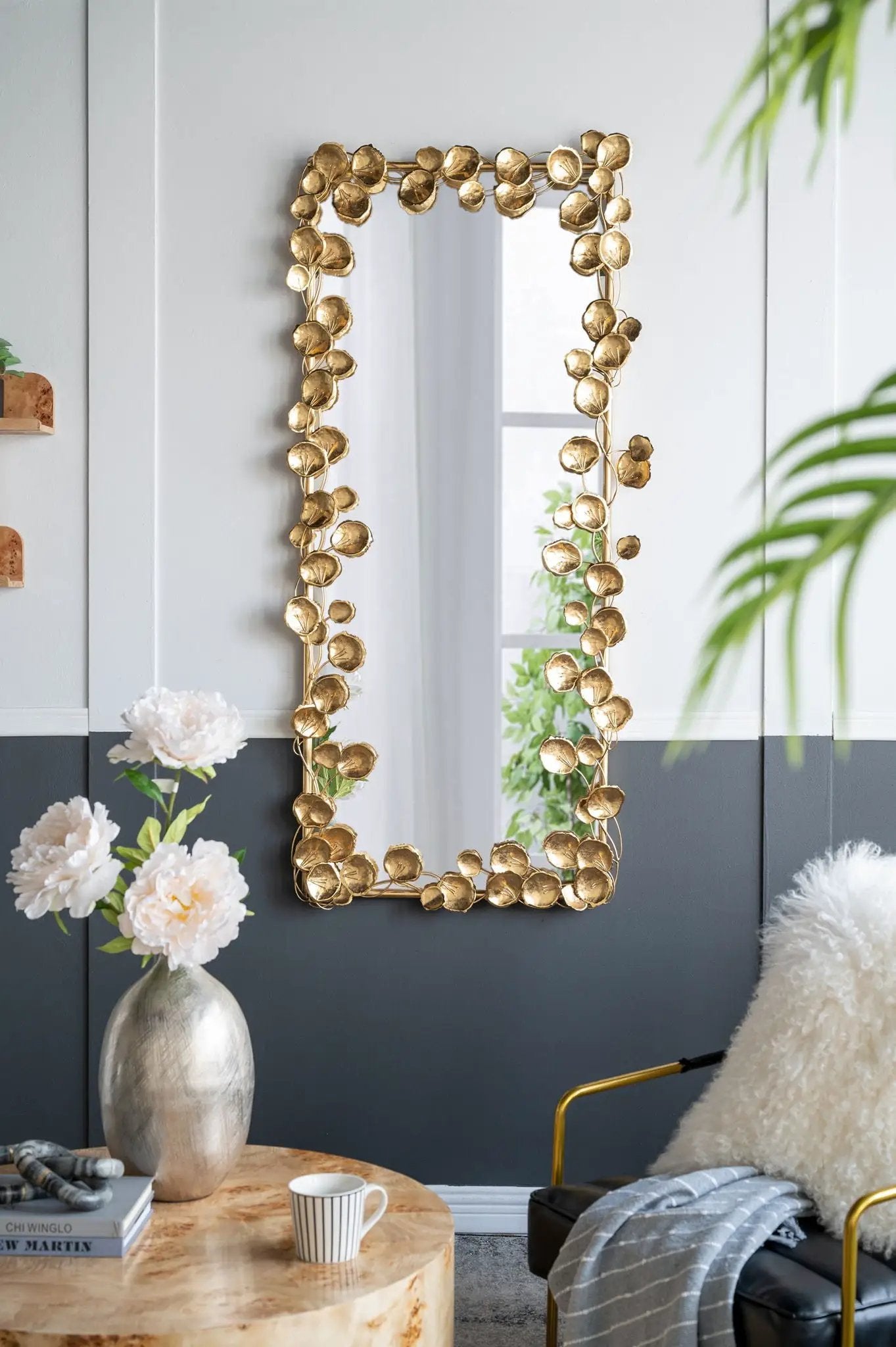 Gold leaf bordered full length mirror with circular leaf accents for living room on Tampa Home & Garden Store