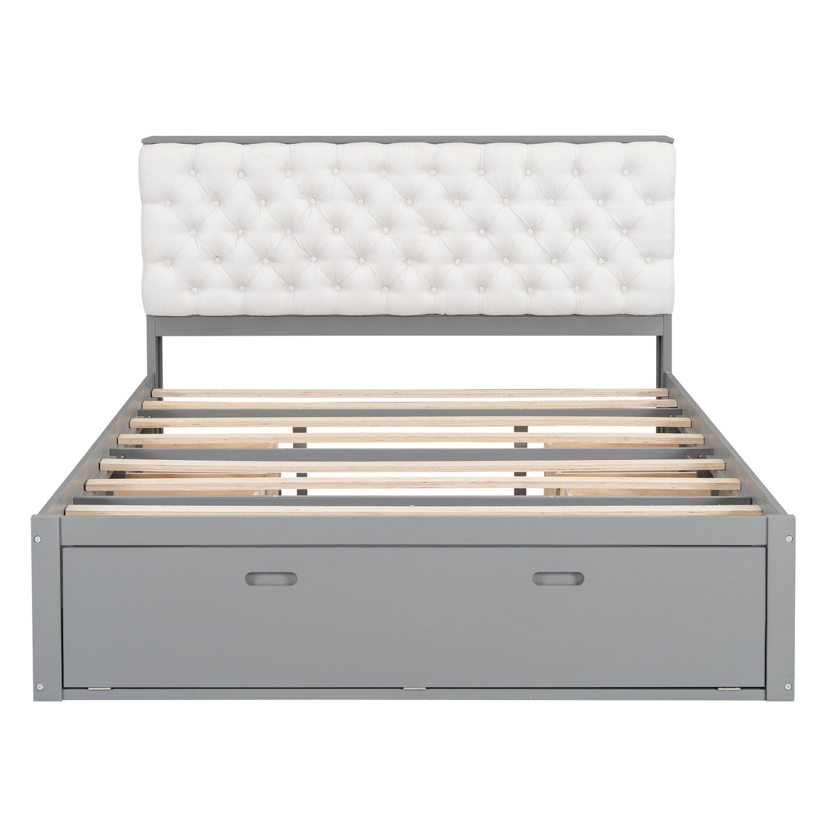 Platform bed with storage headboard and 4 drawers, gray frame, white tufted headboard HouseOfZazla on Tampa Home & Garden Store