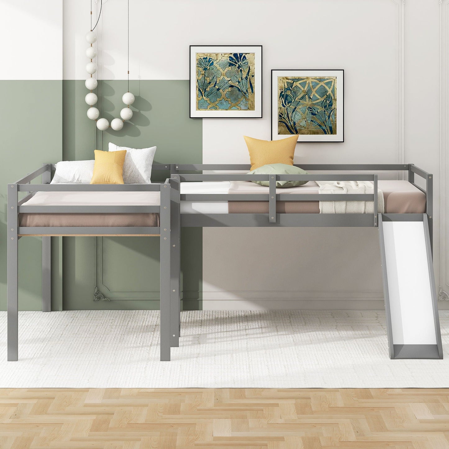 L Shaped Loft Bed with Ladder and Slide in gray metal frame on Tampa Home & Garden Store