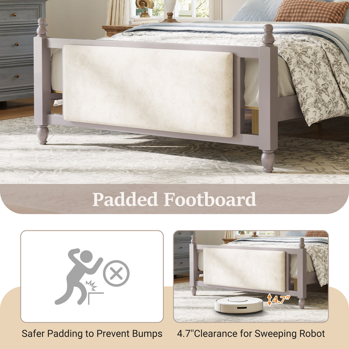 Queen Size Upholstered Platform Bed with padded footboard in light gray finish by HouseOfZazla on Tampa Home & Garden Store
