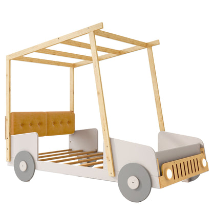 Twin size car bed with pillow, ceiling cloth and LED in natural wood finish by HouseOfZazla on Tampa Home & Garden Store