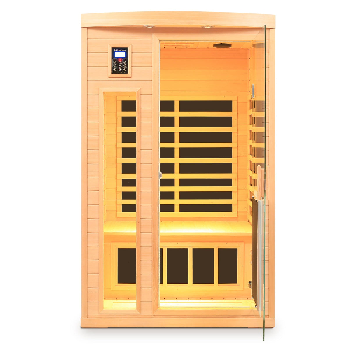 Two-person infrared sauna room in light hemlock wood with glass door and digital touch control on Tampa Home & Garden Store