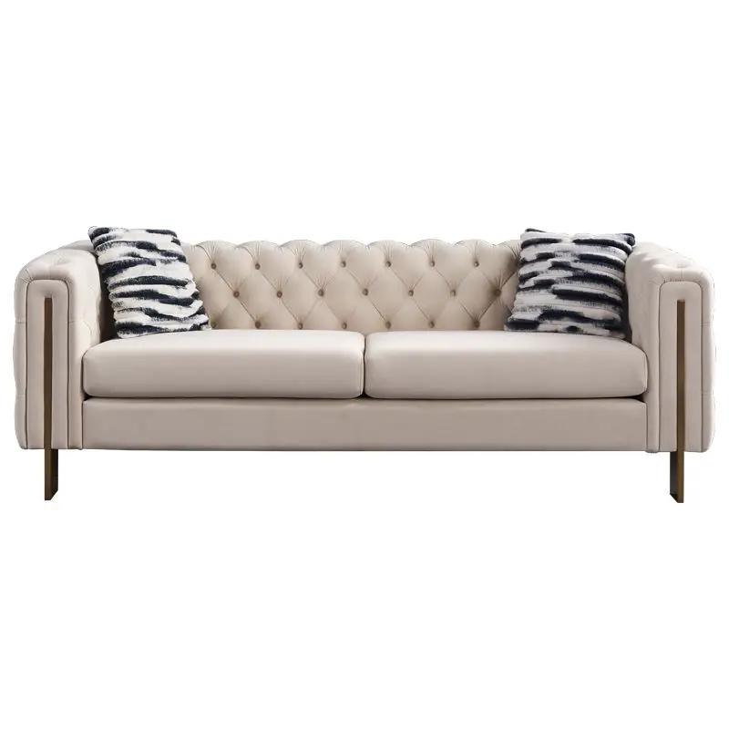 Chesterfield Tufted Sofa 84.25''W beige leather with striped pillows Unique Piece Furniture on Tampa Home & Garden Store