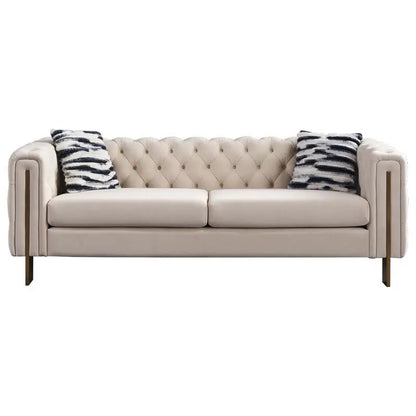 Chesterfield Tufted Sofa 84.25''W beige leather with striped pillows Unique Piece Furniture on Tampa Home & Garden Store