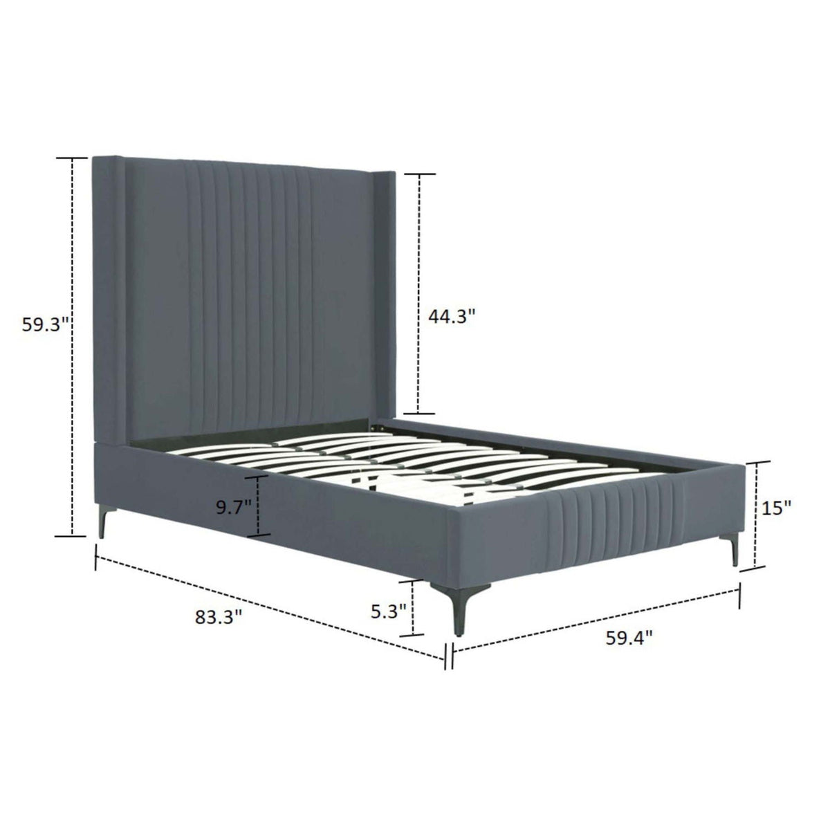 Promenade upholstered bed with tall grey tufted headboard and slats by HouseOfZazla on Tampa Home & Garden Store