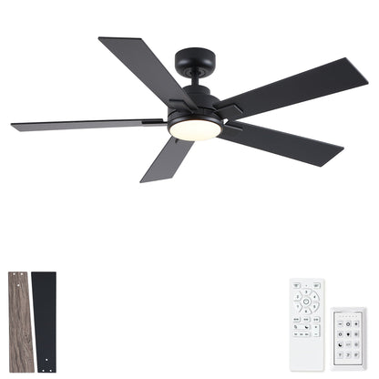 HouseOfZazla ceiling fan with five matte black blades, integrated LED light, remote, dimmable on Tampa Home & Garden Store