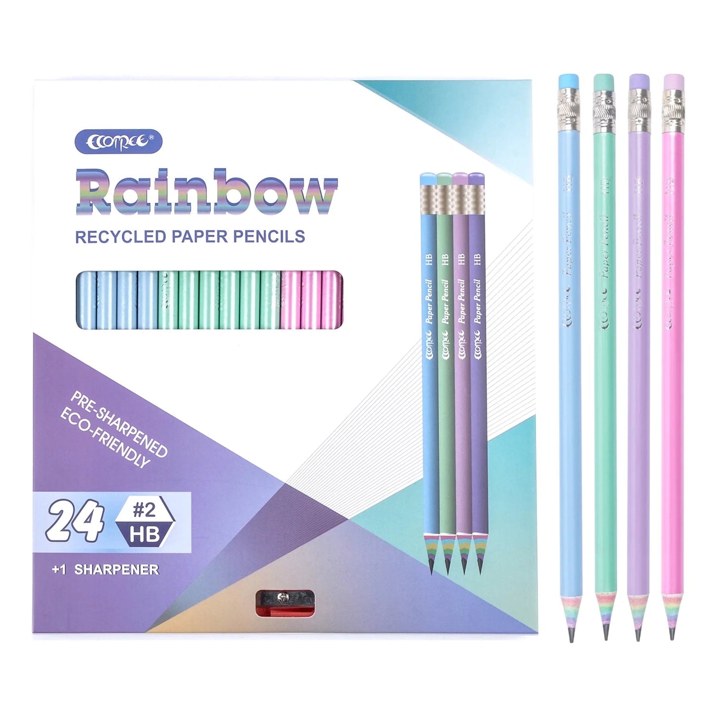 ECOTREE 24-Pack Rainbow Woodless Pencils – Eco-Friendly #2 HB Pre-Sharpened School & Office Pencils Made from Recycled Paper, Non-Toxic & Lead-Free
