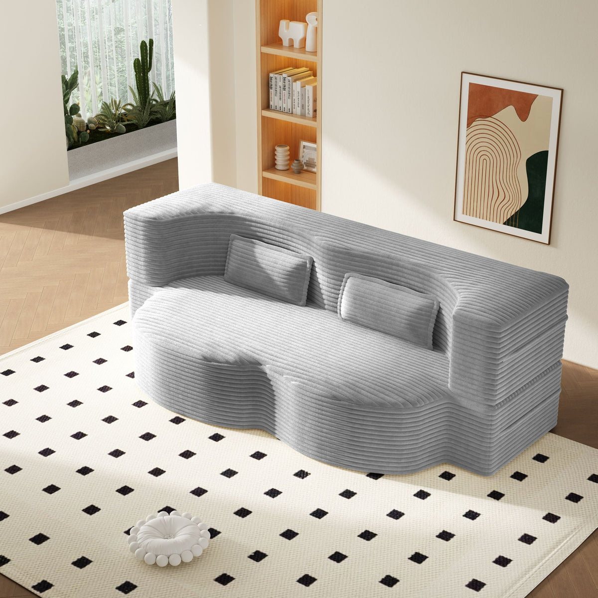 Floor sofa with 2 pillows, light gray ribbed upholstery, convertible twin-size mattress on Tampa Home & Garden Store