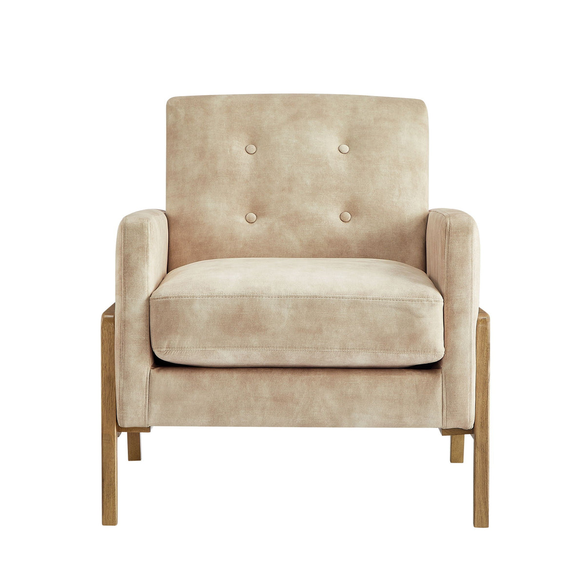 Tufted back accent arm chair in light brown velvet upholstery with wooden legs on Tampa Home & Garden Store